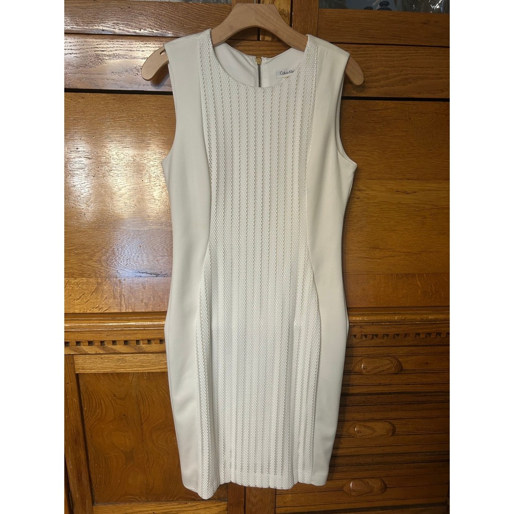 Calvin Klein Modern Classic White Mesh Overlay Sheath Dress Sleeveless Size 6